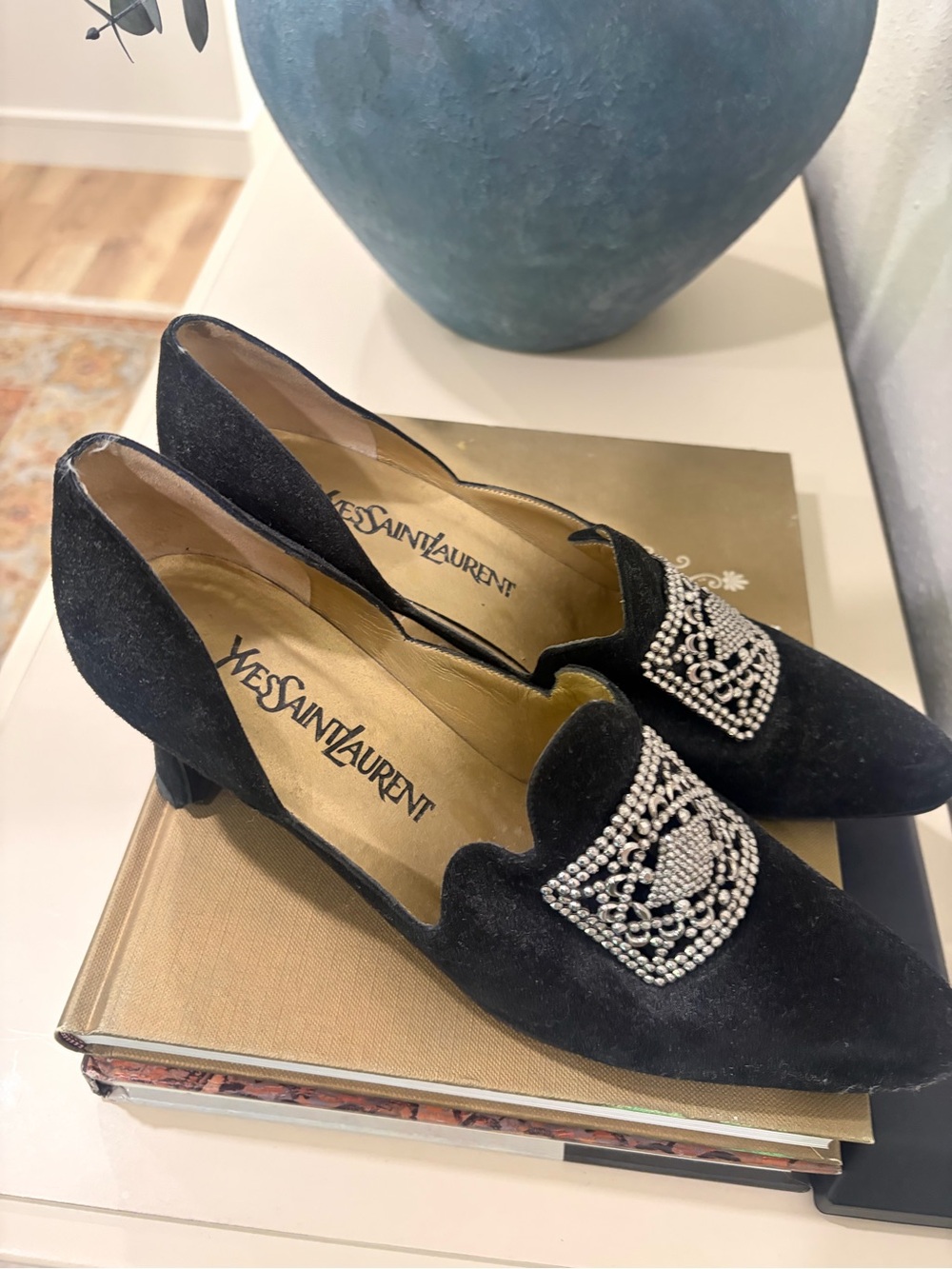 Yves Saint Laurent Black Velvet Embellished Heels